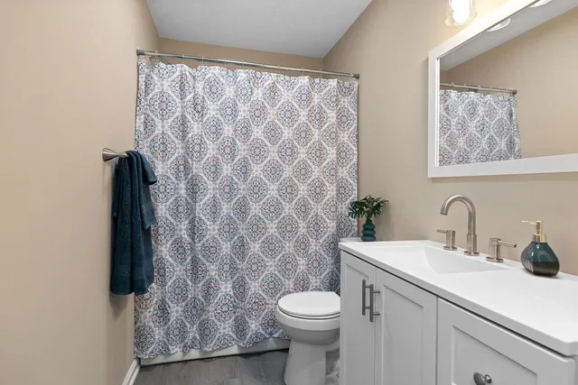 a bathroom with a sink a toilet and shower curtain