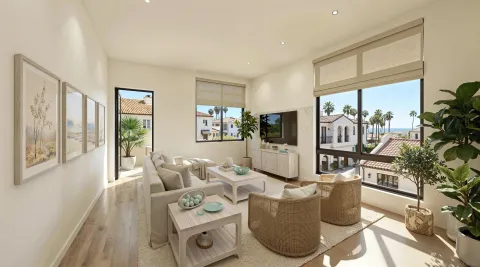a living room with furniture and a floor to ceiling window