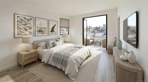 a bedroom with bed and large window