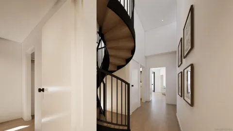 a view of staircase with lots of frames on wall and a window
