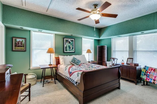 a bedroom with a bed a desk and chair