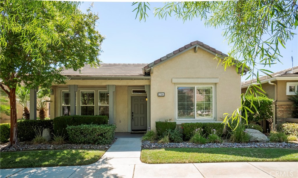 a view of a house with a yard and palm trees