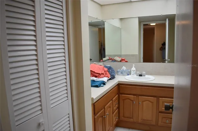 a bathroom with a sink and a mirror