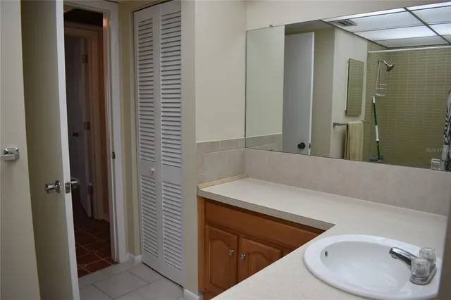 a bathroom with a sink and a mirror