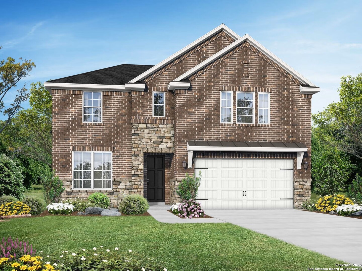 16403 Rosemary Ridge Elmendorf, TX 78112 - Photo 1 of 1 a front view of a house with a garden and yard