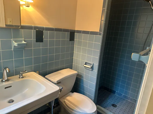 a bathroom with a sink a toilet and a mirror