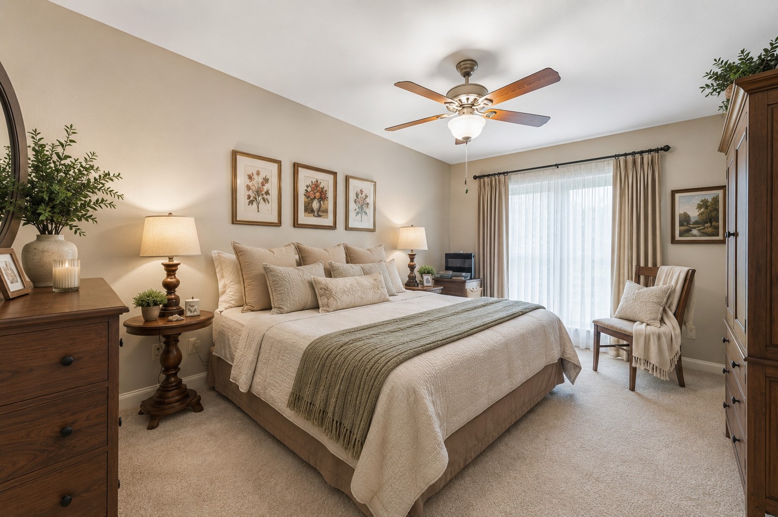 1004 Wagon Road Simonton, TX 77485 - Photo 17 of 40 This generously sized primary bedroom offers plush carpeting, a ceiling fan with light fixture, and a large window dressed with sheer curtains that fill the room with soft, natural light. The neutral palette creates a serene and restful atmosphere, providing the perfect backdrop for relaxation at the end of the day. There is ample space to accommodate a king-size bed and additional furnishings with ease. (Virtually staged)
