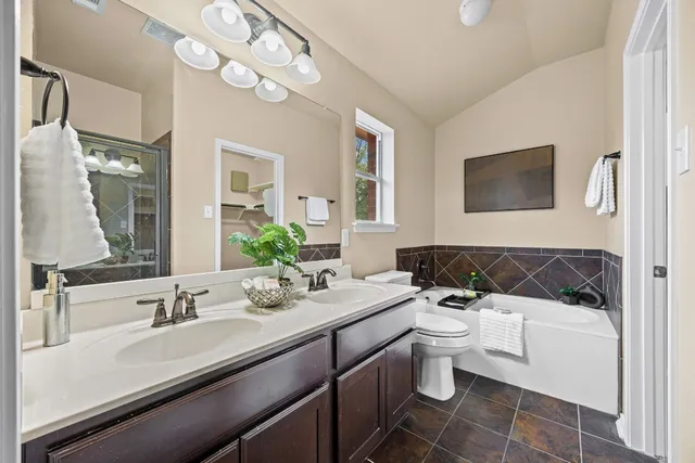 a bathroom with a sink a toilet a mirror and shower