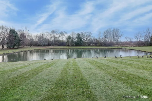 a view of a lake with houses in the background