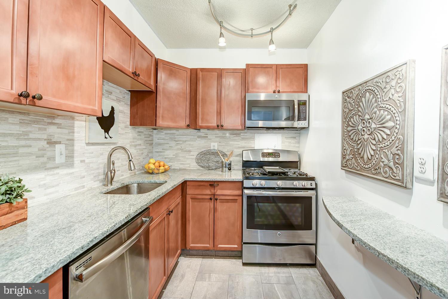 1250 4th Street Southwest, Unit W107 Washington, DC 20024 - Photo 16 of 30 a kitchen with stainless steel appliances granite countertop a stove a sink and a microwave