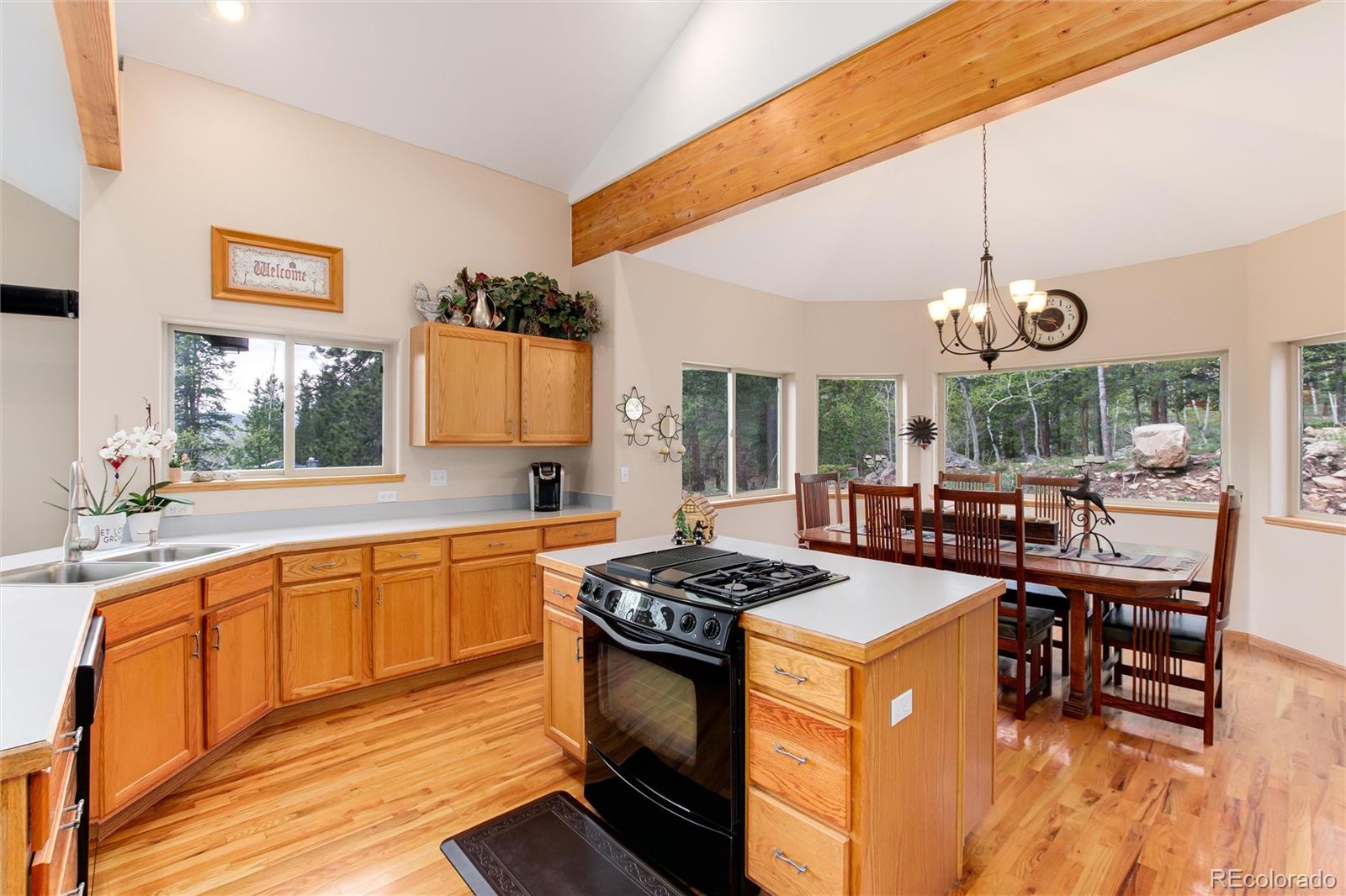 1211 Hughesville Road Black Hawk, CO 80422 - Photo 13 of 39 a kitchen with stainless steel appliances granite countertop a stove a sink dishwasher and a dining table with the kitchen view