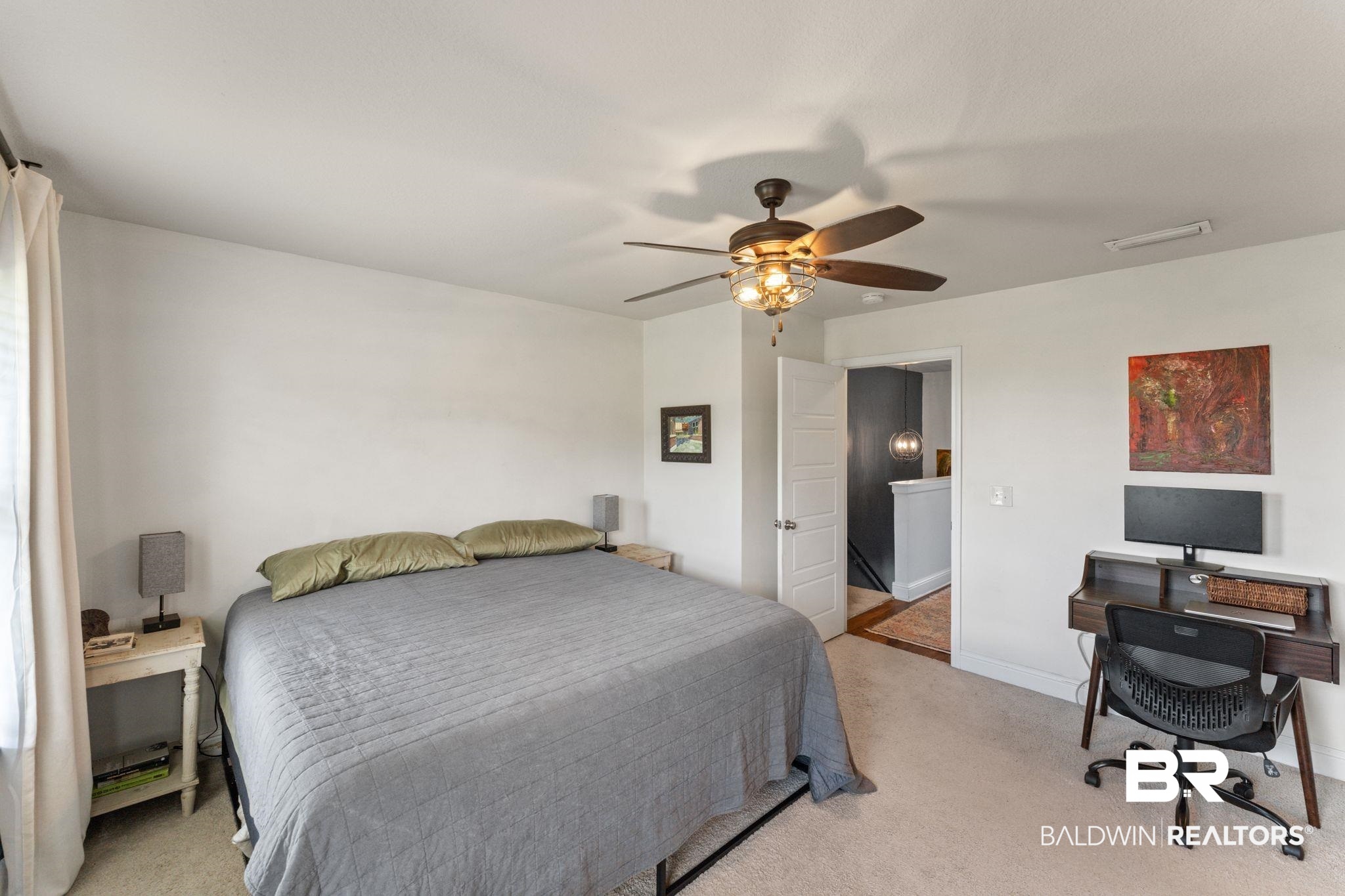 12711 Chickadee Lane Daphne, AL 36527 - Photo 17 of 39 Bedroom with light carpet, a ceiling fan, and an office area