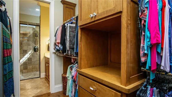 a view of a park with large trees