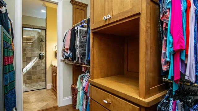 a view of a park with large trees