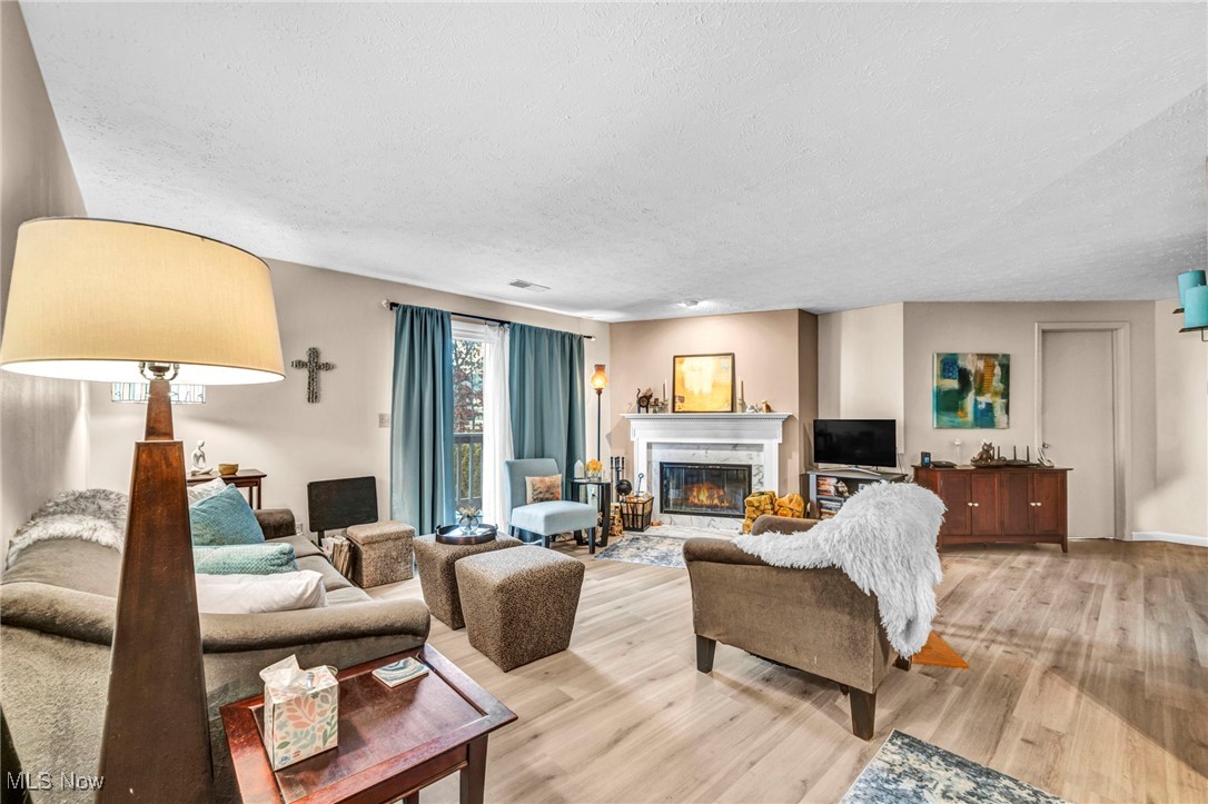 4750 Oak Point Road, Unit 304 Lorain, OH 44053 - Photo 8 of 29 Living room with a glass covered fireplace, a textured ceiling, and light wood-style flooring