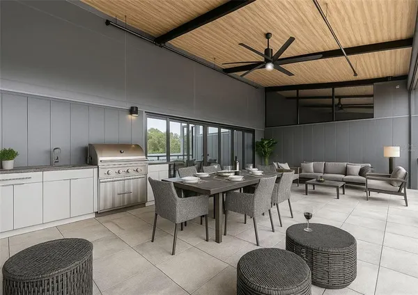 a view of a balcony with car parked