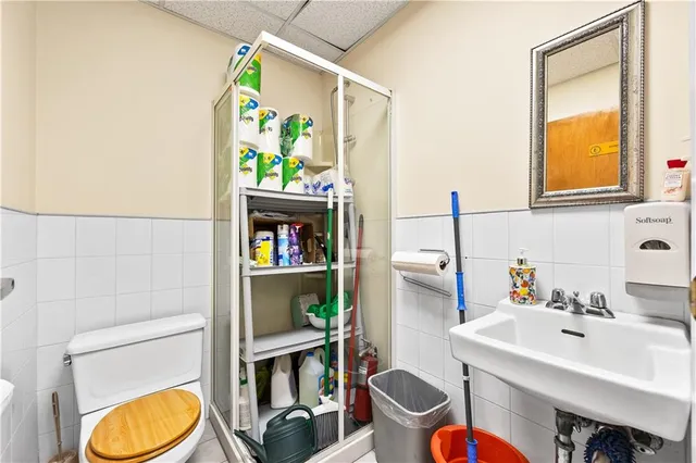 a bathroom with a sink mirror and toilet