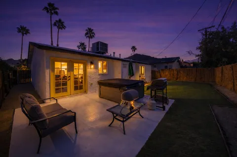 a building outdoor space with patio furniture