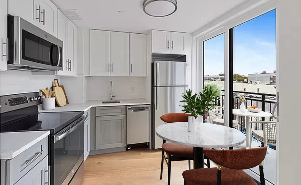 65 Graham Avenue, Unit 6A Brooklyn, NY 11206 - Photo 2 of 5 a kitchen with stainless steel appliances a dining table chairs microwave and sink