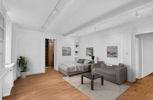 a picture of a bench in a white building