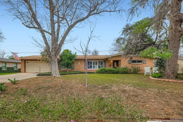 a view of a yard in front of a house with large trees