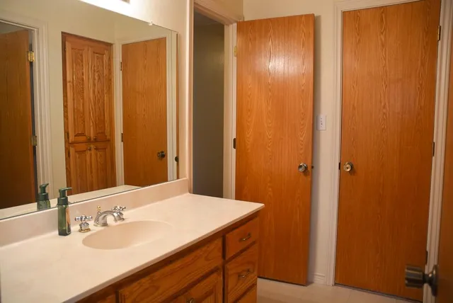 a bathroom with a sink and a mirror