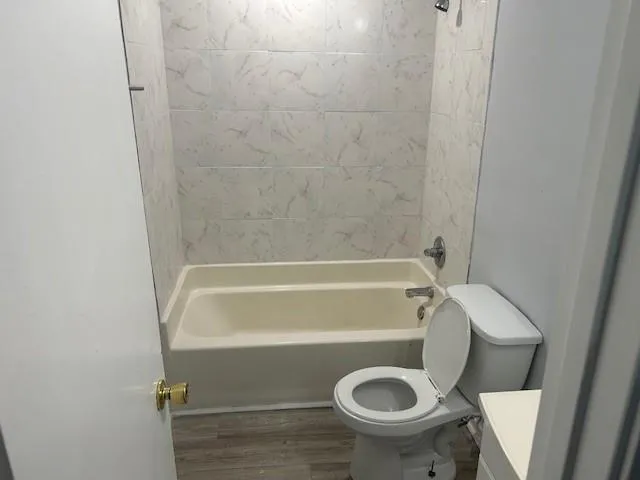 a bathroom with a toilet and a bathtub