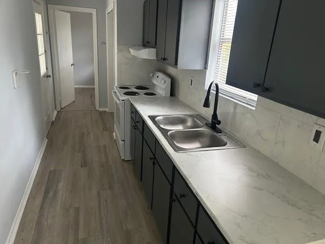 a kitchen with a sink a stove and cabinets