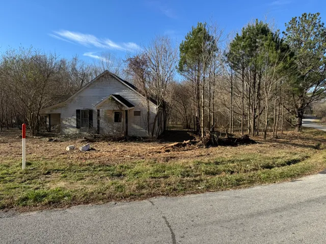 a backyard of a house with large trees and outdoor space