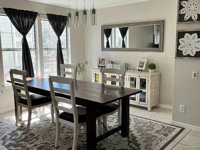 a view of a dining room with furniture and window