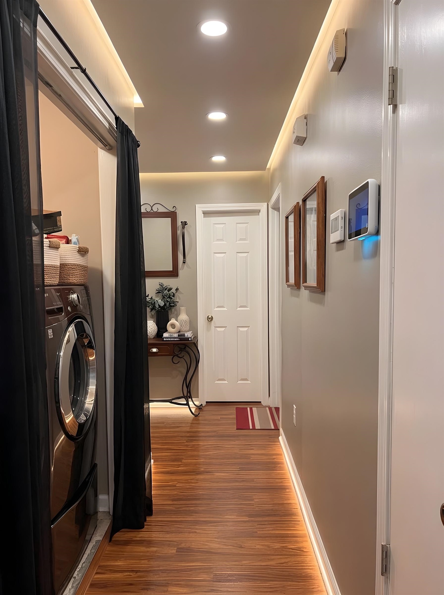 4005 Long Creek Road Memphis, TN 38125 - Photo 18 of 37 Hallway featuring recessed lighting, dark wood finished floors, and washer / clothes dryer