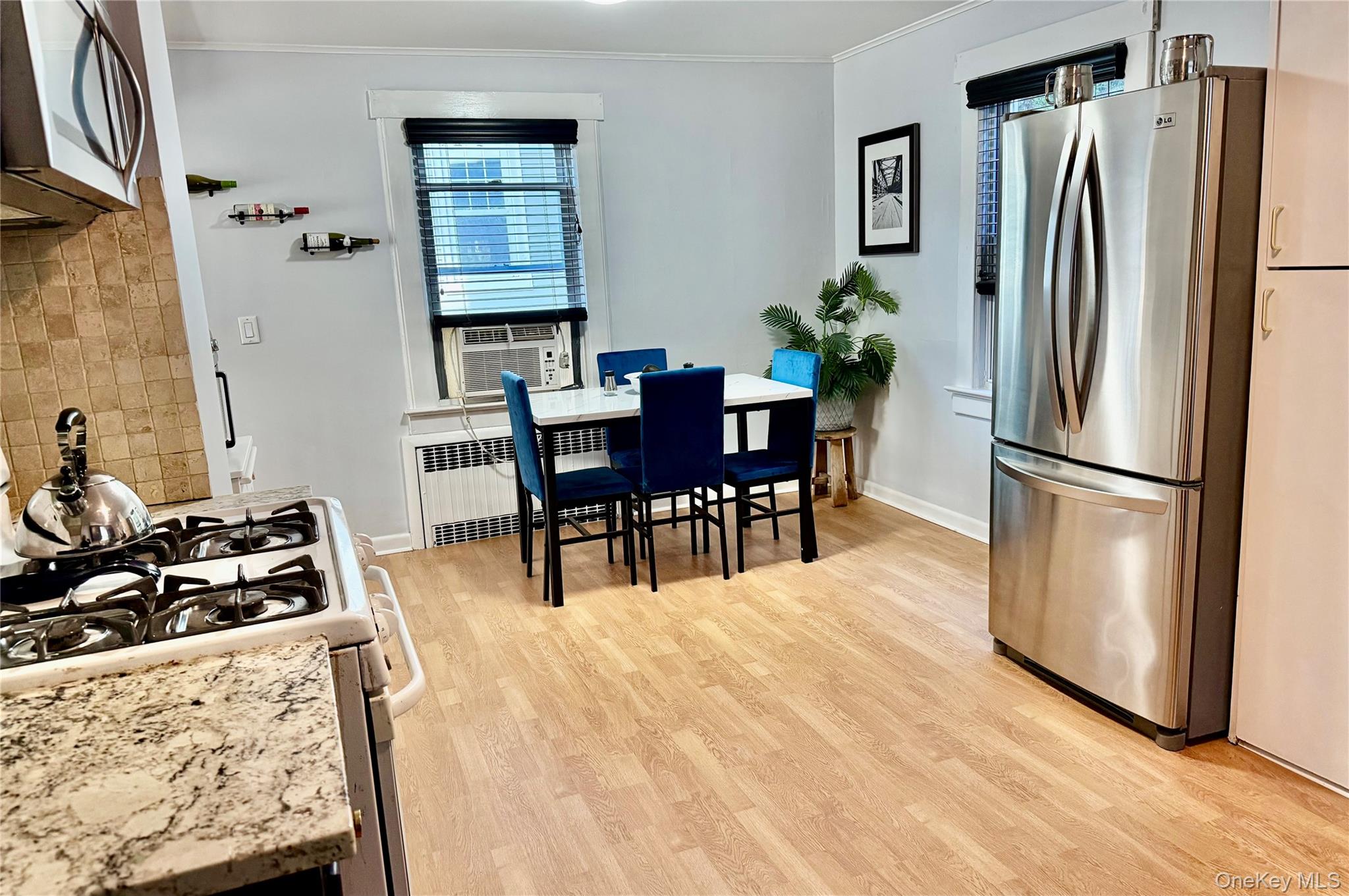 25 School Street Port Washington, NY 11050 - Photo 18 of 25 Kitchen featuring stainless steel appliances, ornamental molding, radiator, light wood finished floors, and cooling unit