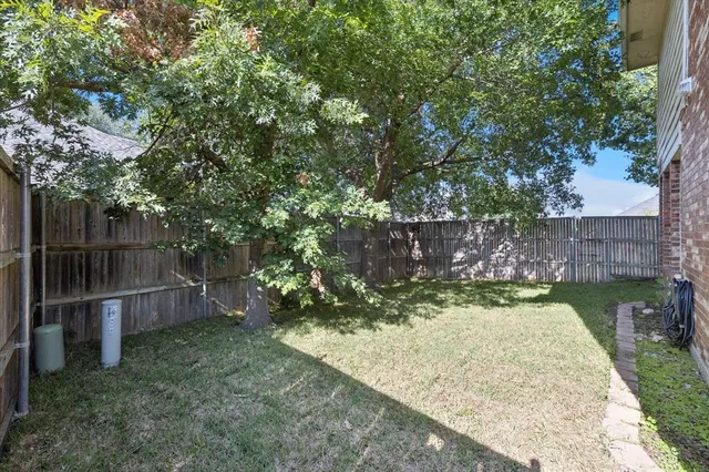 a backyard with wooden fence and a large tree