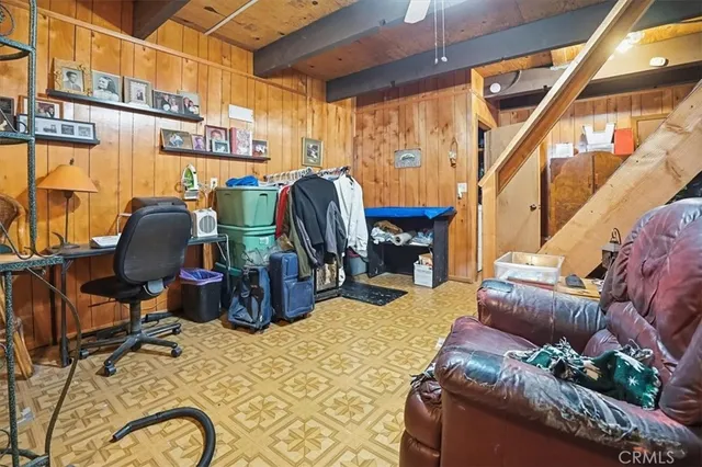 a view of a storage room with stairs