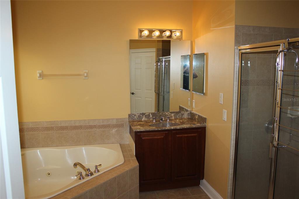 6833 Dolce Way Orlando, FL 32819 - Photo 23 of 28 a bathroom with a granite countertop sink and a mirror
