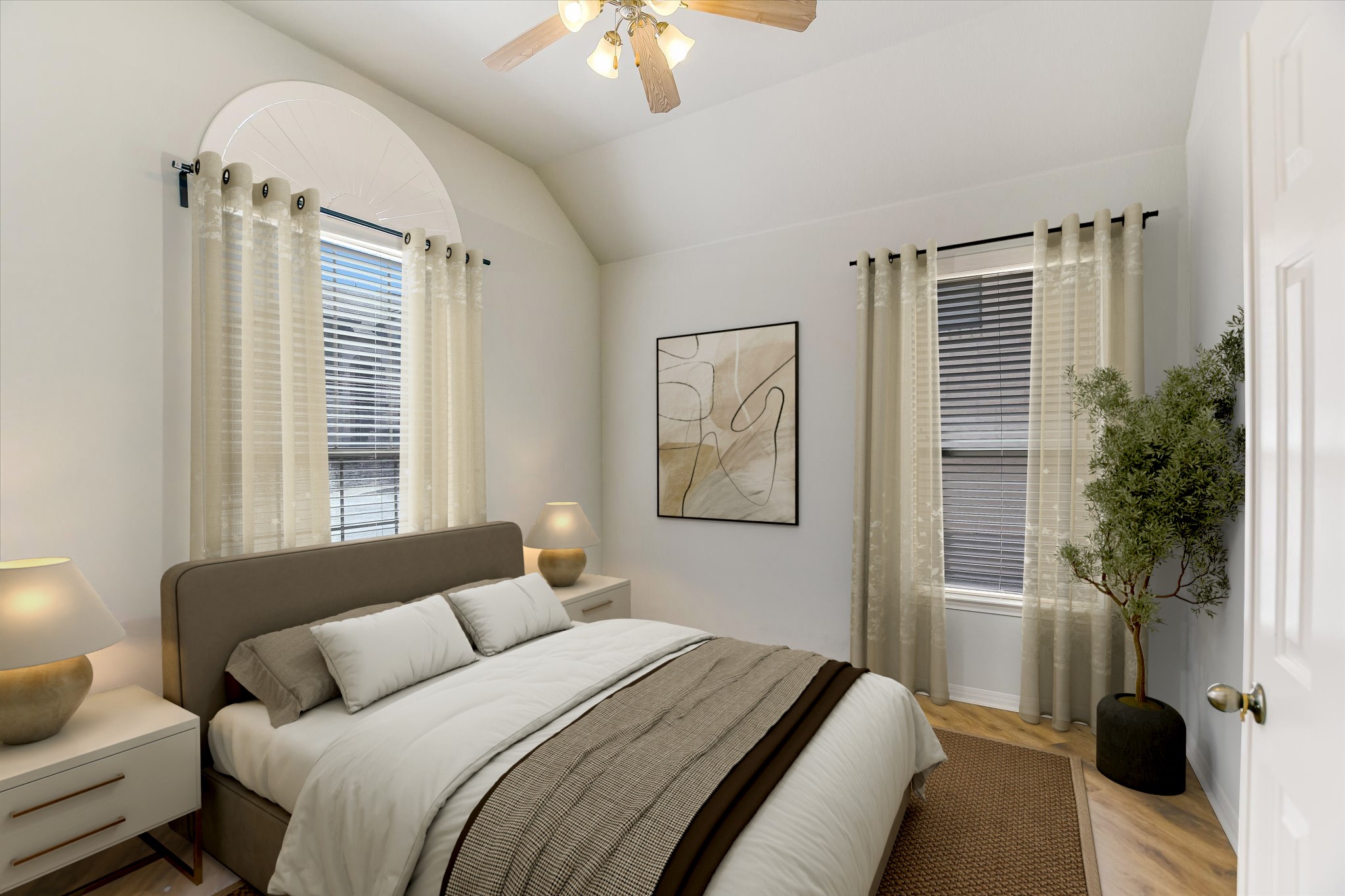 14100 Avery Ranch Boulevard, Unit 1101 Austin, TX 78717 - Photo 12 of 25 Bedroom featuring vaulted ceiling, light wood-type flooring, and ceiling fan