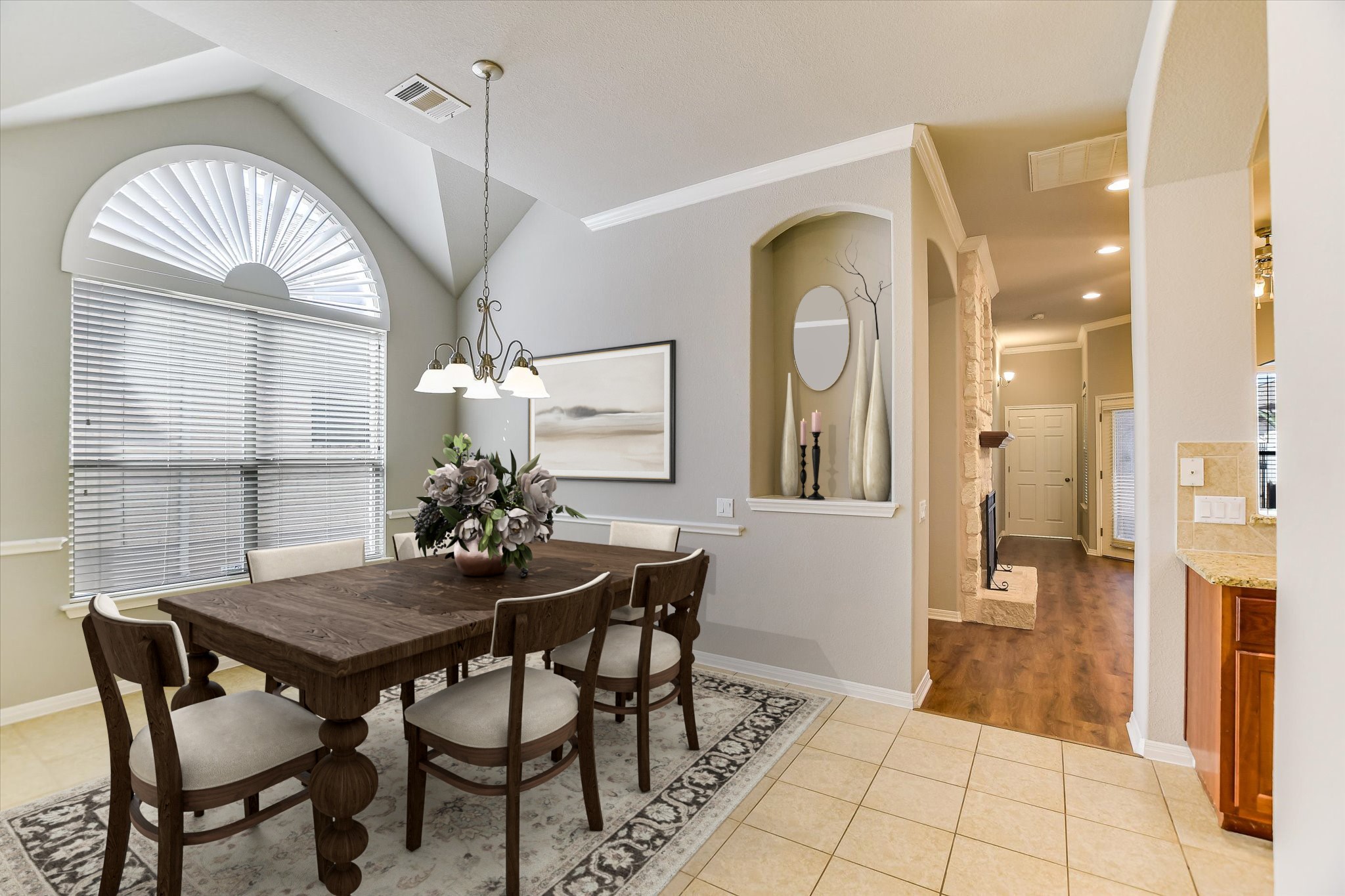 14100 Avery Ranch Boulevard, Unit 1101 Austin, TX 78717 - Photo 3 of 25 Dining area with light tile patterned floors, crown molding, and suspended lighting