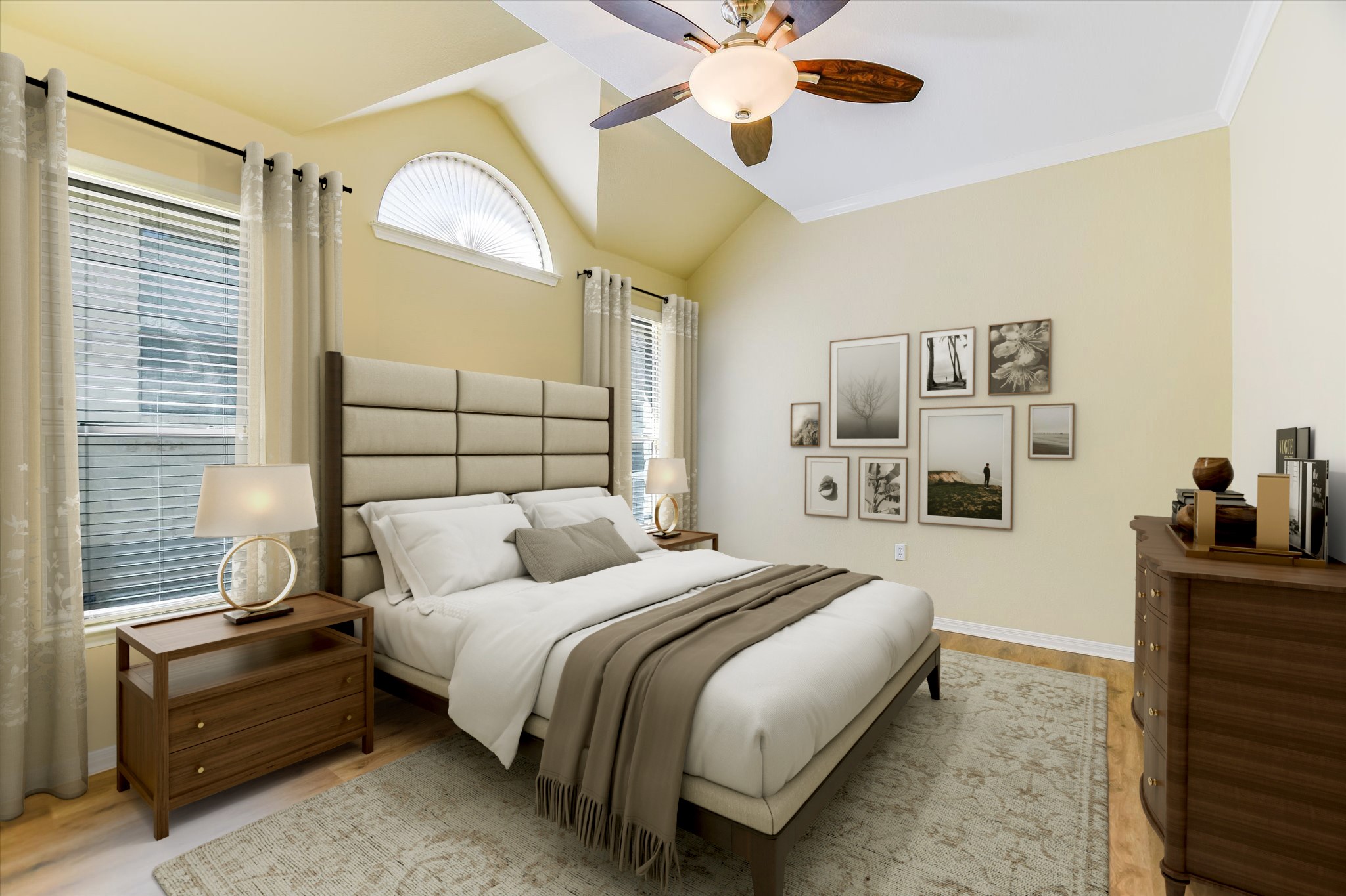 14100 Avery Ranch Boulevard, Unit 1101 Austin, TX 78717 - Photo 10 of 25 Bedroom featuring vaulted ceiling, a ceiling fan, and light wood-style flooring