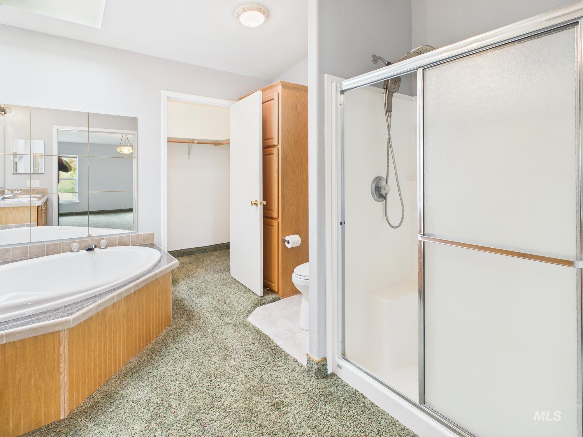 523 3rd Street Ferdinand, ID 83526 - Photo 14 of 41 Full bathroom featuring light colored carpet, a stall shower, vanity, a garden tub, and a spacious closet