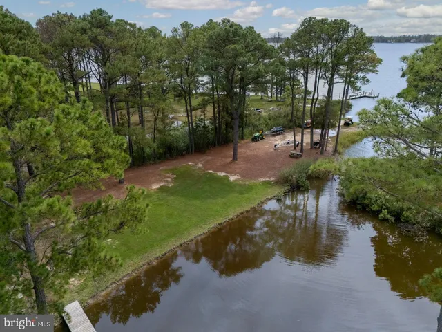 a view of a wooden house with a yard and large trees