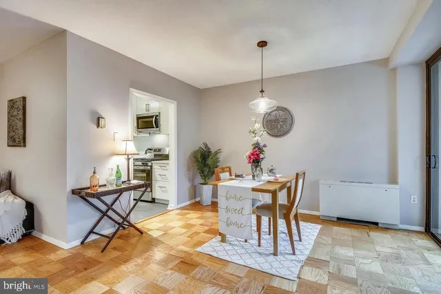 a view of a dining room with furniture