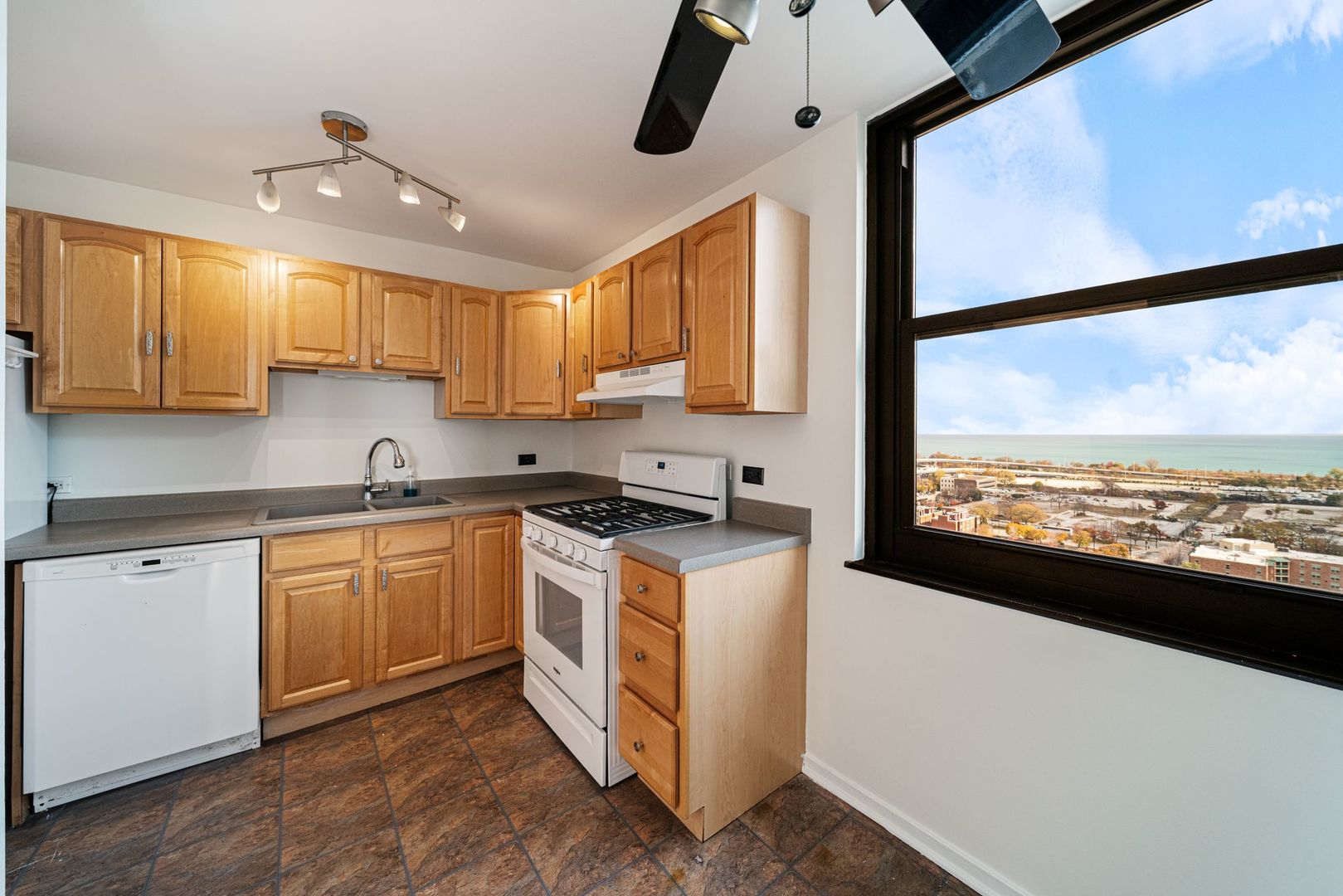 2605 South Indiana Avenue, Unit 2107 Chicago, IL 60616 - Photo 14 of 24 a kitchen with stainless steel appliances granite countertop a stove a sink and white cabinets with wooden floor