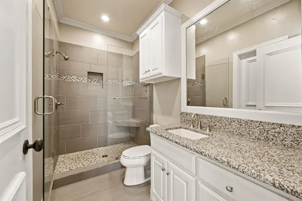 a bathroom with a granite countertop sink a toilet and shower