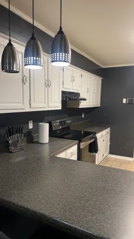 a kitchen with stainless steel appliances granite countertop a sink a stove and a microwave