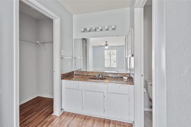 a bathroom with a granite countertop sink and a mirror