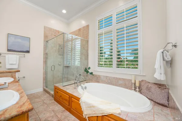 a bathroom with a granite countertop sink a mirror and shower