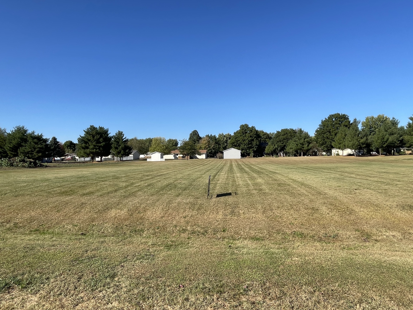 a view of a field with an trees in the background
