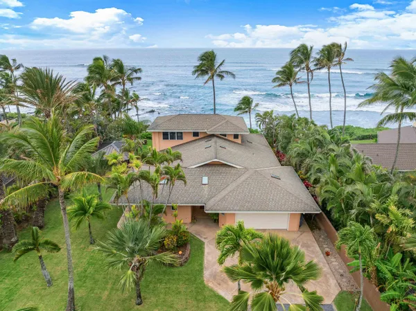 a aerial view of a house with a yard and potted plants