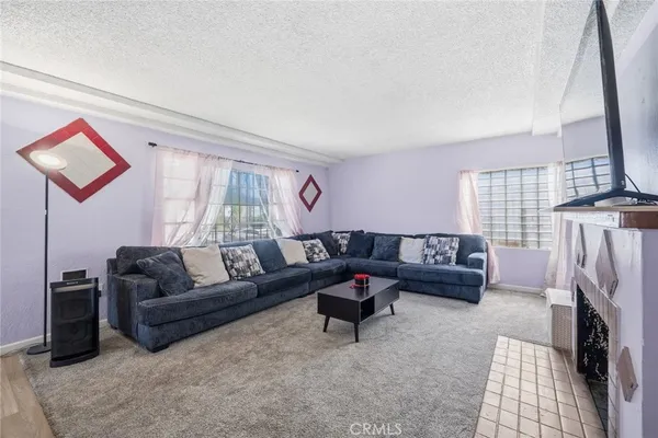 a living room with furniture a fireplace and a flat screen tv