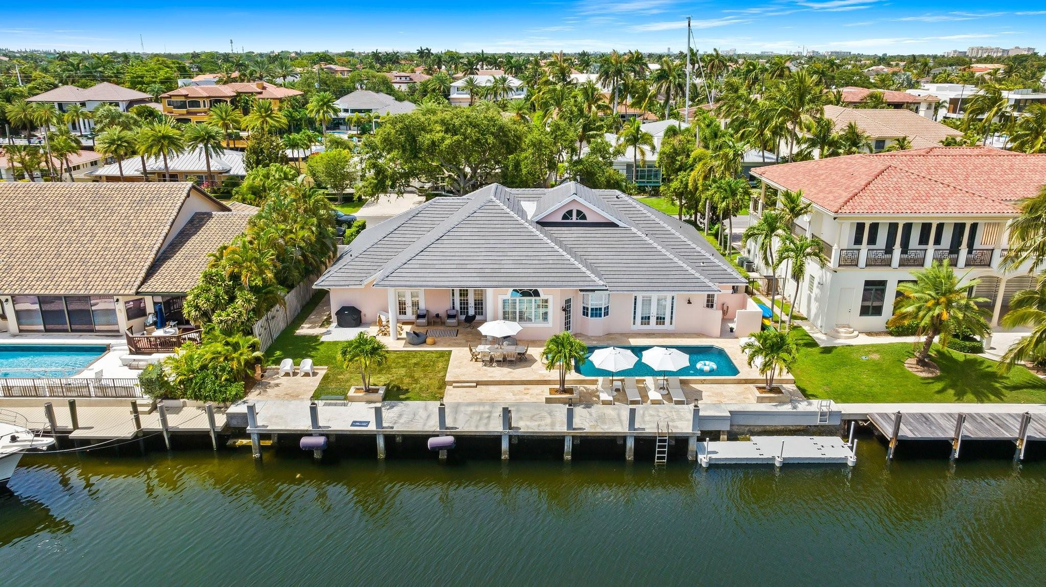 an aerial view of a house with swimming pool patio and lake view